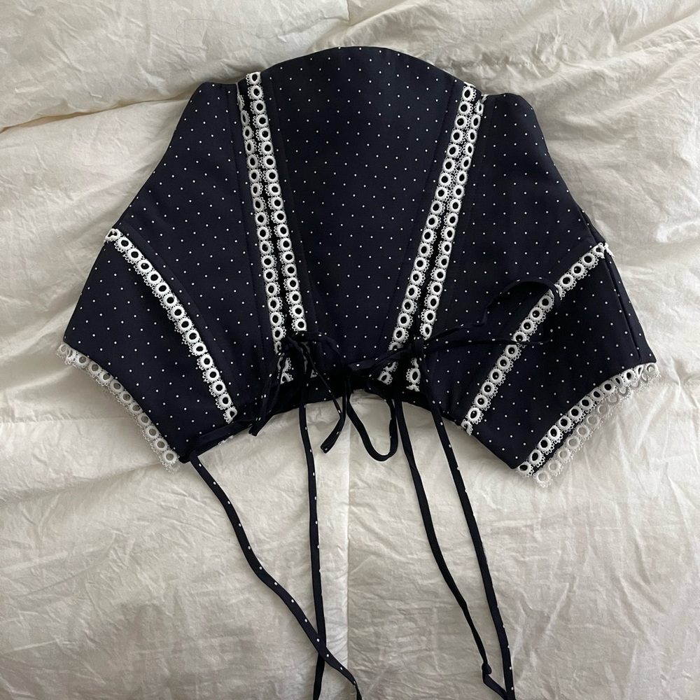 Acler navy and white polka dot lace trim corset